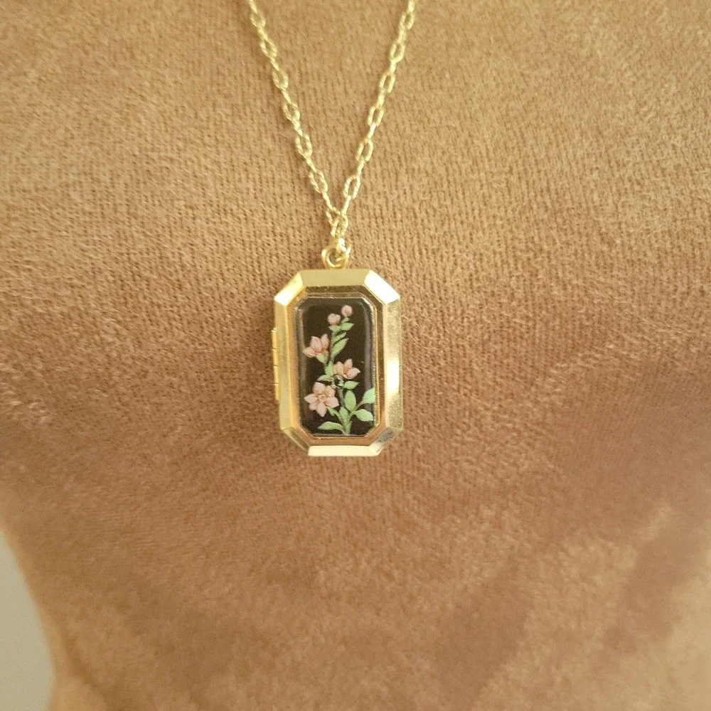 1928 Jewelry Co Gold Tone Enamel Floral Rectangle Locket Necklace 24 Cottagecore